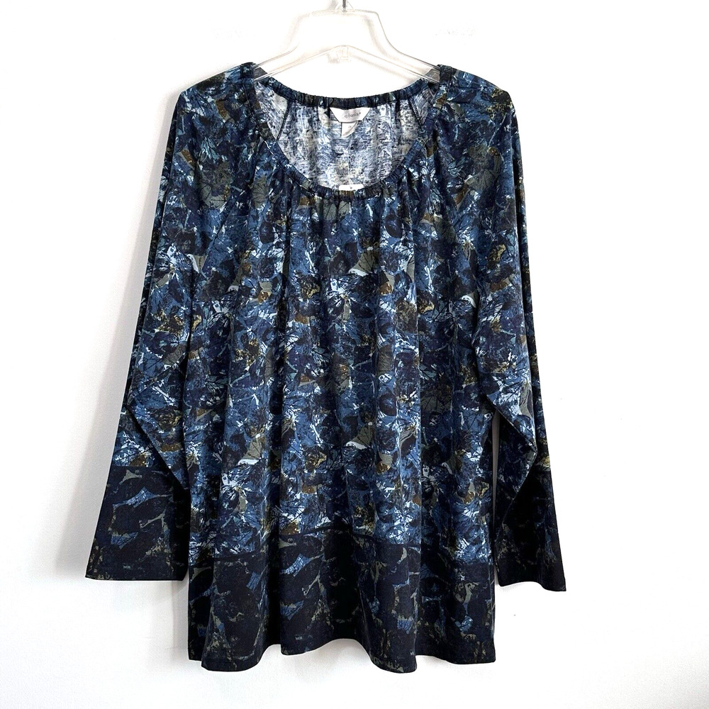 CJ Banks Knit Top 2X Plus Popover Blue Long Sleeve Elastic‎ Neckline Work NEW